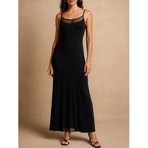 Vintage Roberta Y2K Black Slinky Jersey Maxi Slip Dress Lace Inset Large - Picture 1 of 9